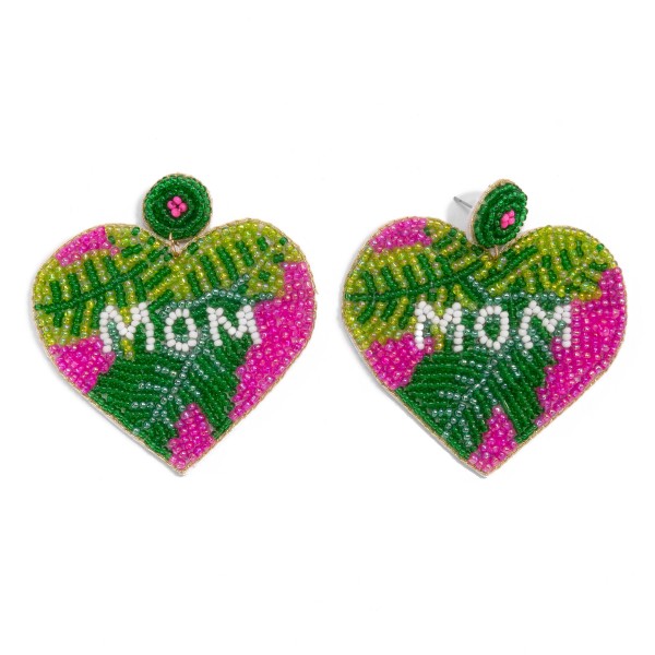 Seed Beaded Heart 'Mom' Drop Earring With Palm Leaf Detailing

- Approximately 2.25" L