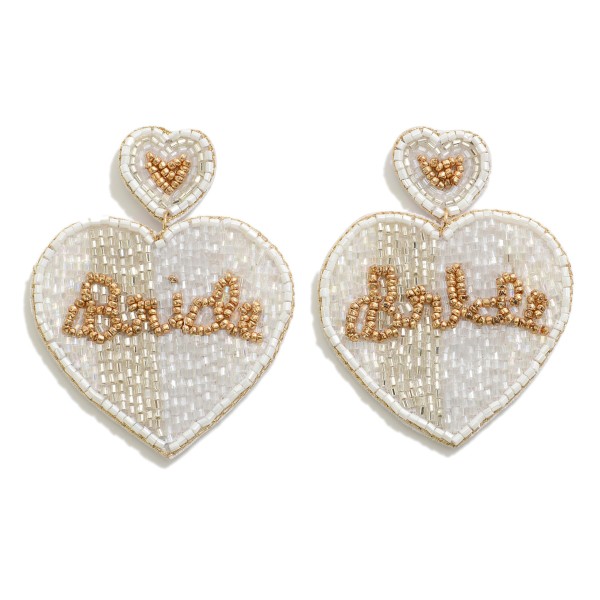 Seed Beaded Cursive 'Bride' Heart Drop Earrings

- Approximately 2.5" L