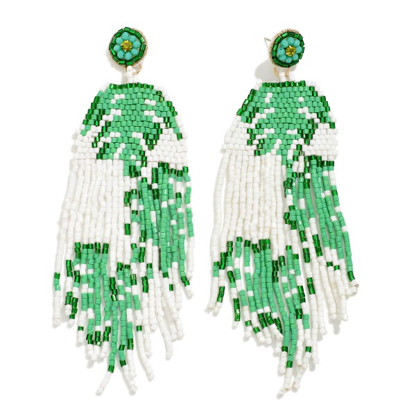 Seed Beaded Tropical Monstera Leaf Tassel Drop Earrings

- Approximately 5.5" L