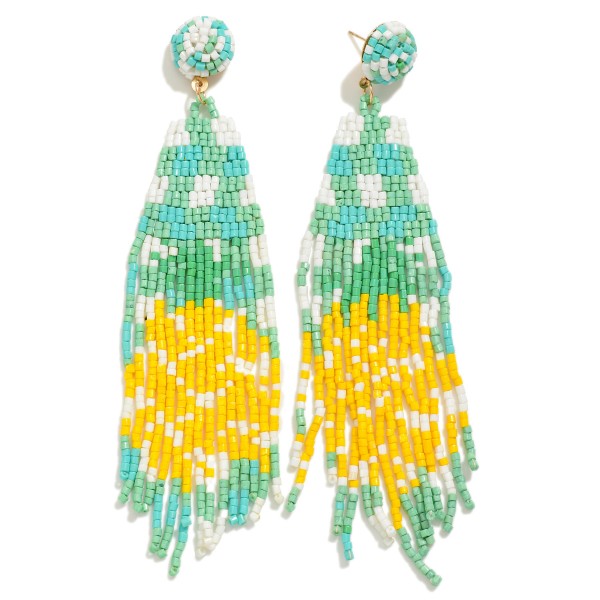 Seed Beaded Checker and Stripe Tassel Drop Earrings

- Approximately 5" L