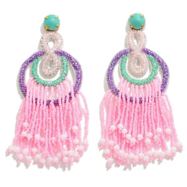 Pink and Purple Statement Seed Beaded Tassel Drop Earrings With Teal Accents

- Approximately 4.25"L