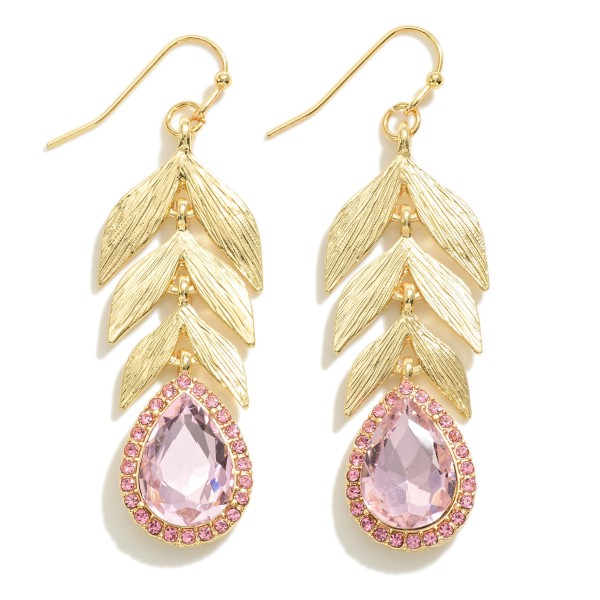 Gold Tone Leaf Drop Earrings With Teardrop Rhinestone Detail

- Approximately 2.5" L