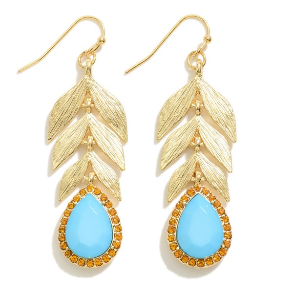 Wholesale gold Leaf Drop Earrings Teardrop Rhinestone Detail L