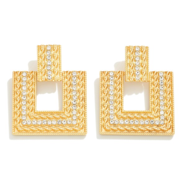 Gold Tone Square Drop Earring Featuring Rhinestone & Braided Chain Inlay

- Approximately 1.75" L