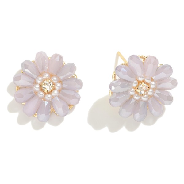 Wholesale beaded Flower Stud Earrings Pearl Rhinestone Center Accents L