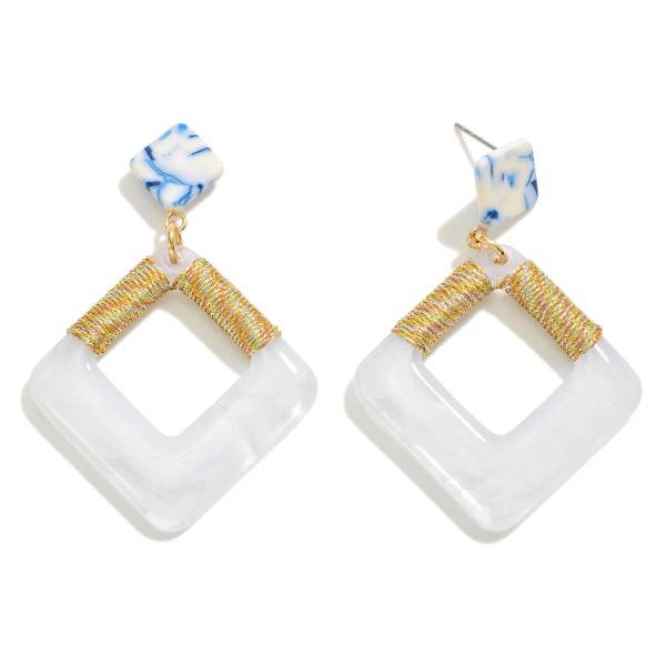 Resin Marbled Diamond Drop Earrings With Metallic Wrapped Thread Accent

- Approximately 2.5" L