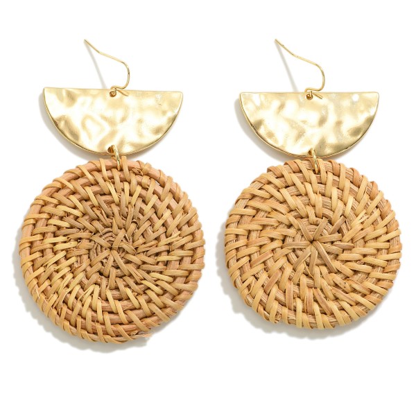 Hammered Reverse Arch Post Drop Earrings With Woven Circular Raffia Dangle 

- Approximately 2.25" L