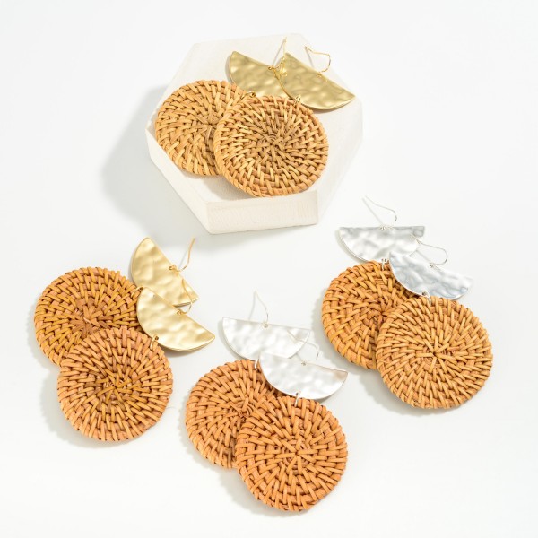 Hammered Reverse Arch Post Drop Earrings With Woven Circular Raffia Dangle 

- Approximately 2.25" L