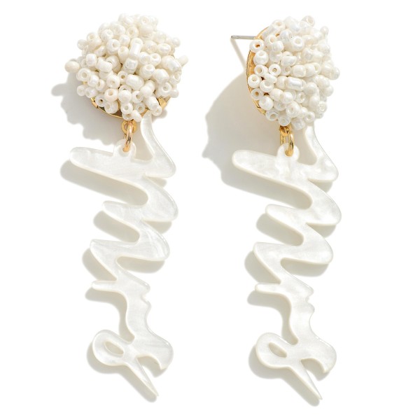 Cursive Resin 'Mrs' Drop Earring With Beaded Cluster

- Approximately 2.75" L