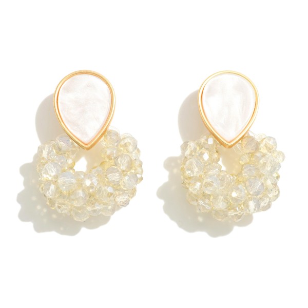 Gold Tone Pearl Inlay Reverse Teardrop Earrings With Beaded Hoop Cluster 

- Approximately 1.5" L