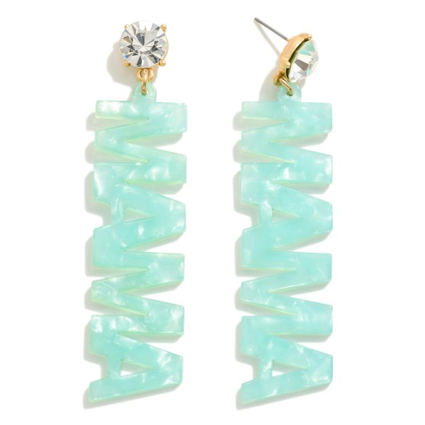 Marbled Resin 'MAMA' Drop Earrings With Rhinestone Post 

- Approximately 2.75" L