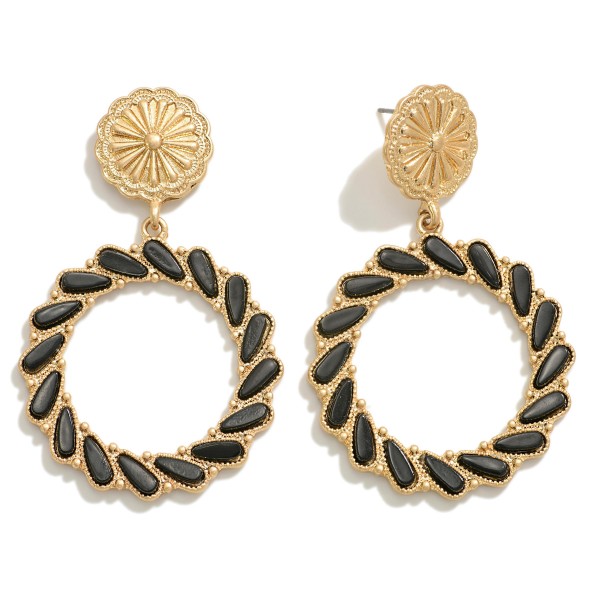 Gold Tone Circular Drop Earring With Flower Post and Stone Inlay Details

- Approximately 2.25" L