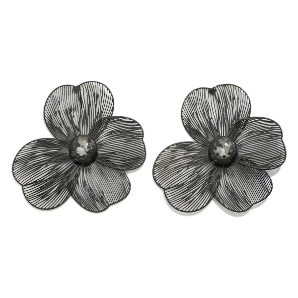 Metal Flower Drop Earrings With Rhinestone Accent

- Approximately 2" L