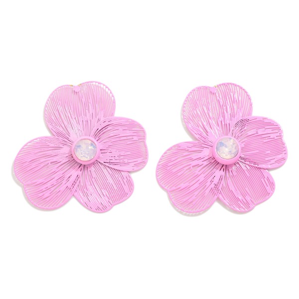 Metal Flower Drop Earrings With Rhinestone Accent

- Approximately 2" L