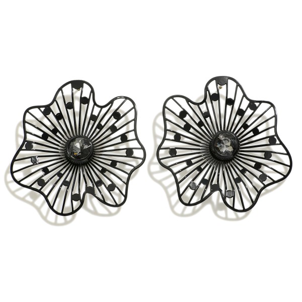 Metal Flower Stud Earrings With Rhinestone Center Detail

- Approximately 1.75" L