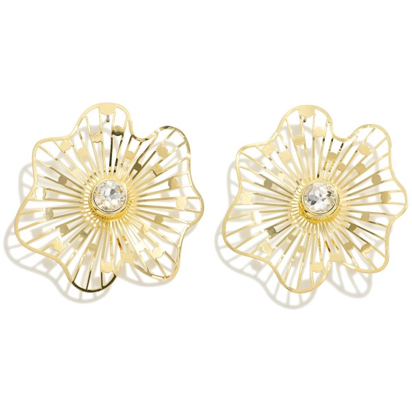 Metal Flower Stud Earrings With Rhinestone Center Detail

- Approximately 1.75" L