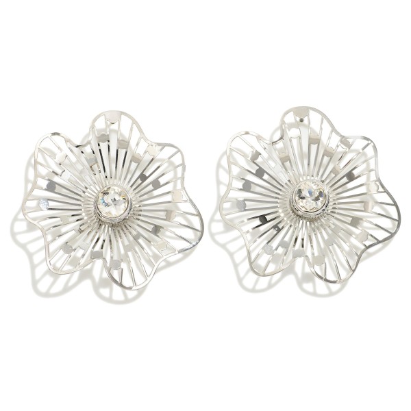 Metal Flower Stud Earrings With Rhinestone Center Detail

- Approximately 1.75" L