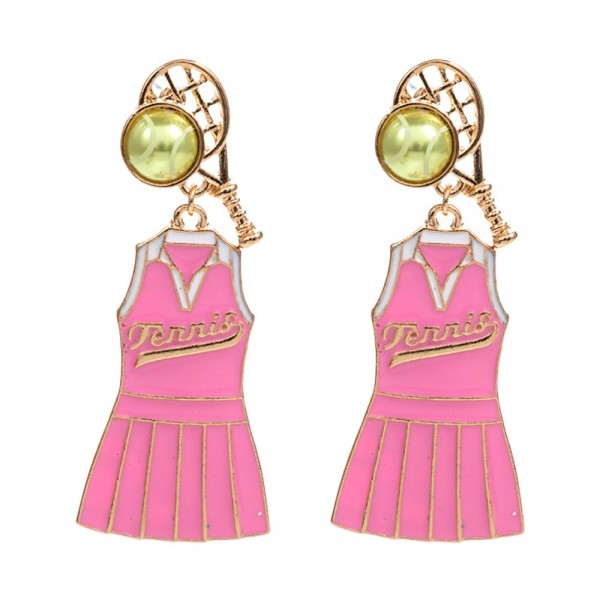 Enamel Coated Tennis Skirt Drop Earrings With Tennis Ball and Racket Posts

- Approximately 2" L