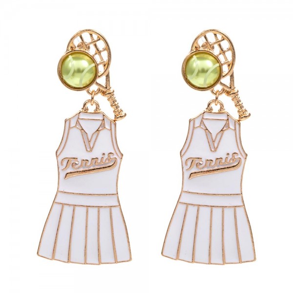 Enamel Coated Tennis Skirt Drop Earrings With Tennis Ball and Racket Posts

- Approximately 2" L