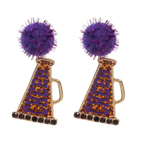 Glitter Cheer Megaphone Drop Earrings With Rhinestone Accents and Tinsel Pom Posts

- Approximately 2.25" L