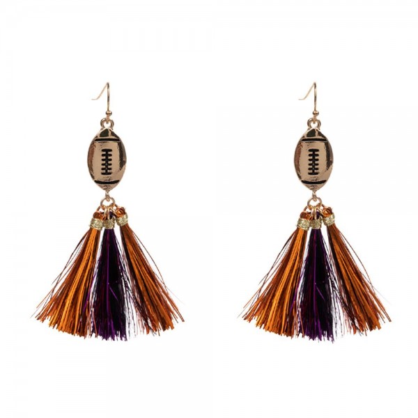 Gold Tone Football Drop Earring With Metallic Tassel Dangles

- Approximately 2.75" L