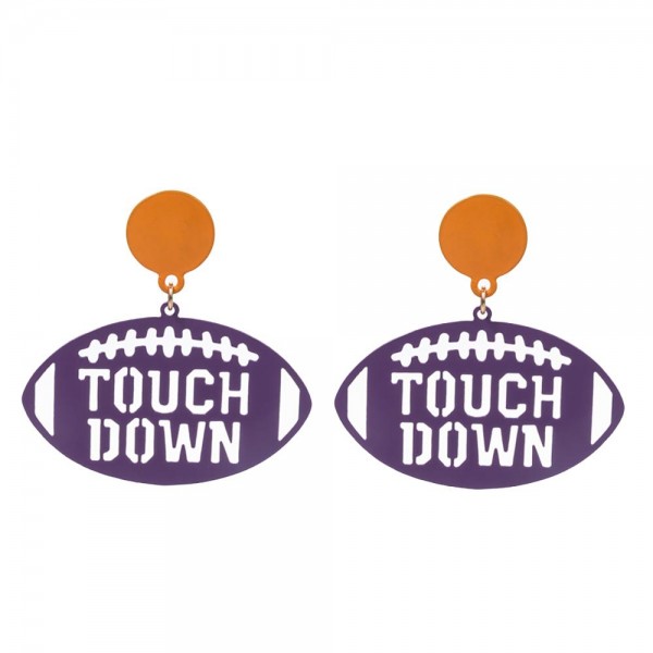 Stamped 'Touch Down' Metal Football Drop Earrings

- Approximately 1.5" L
- Brass Metal 