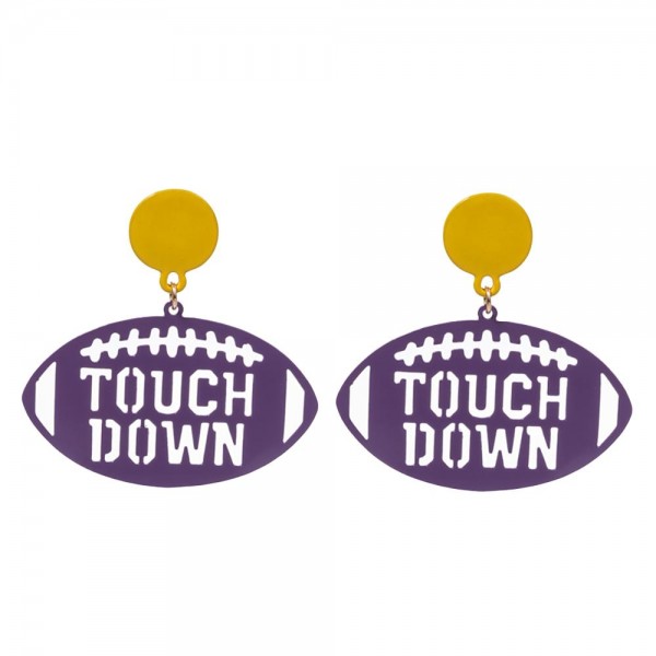 Stamped 'Touch Down' Metal Football Drop Earrings

- Approximately 1.5" L
- Brass Metal 