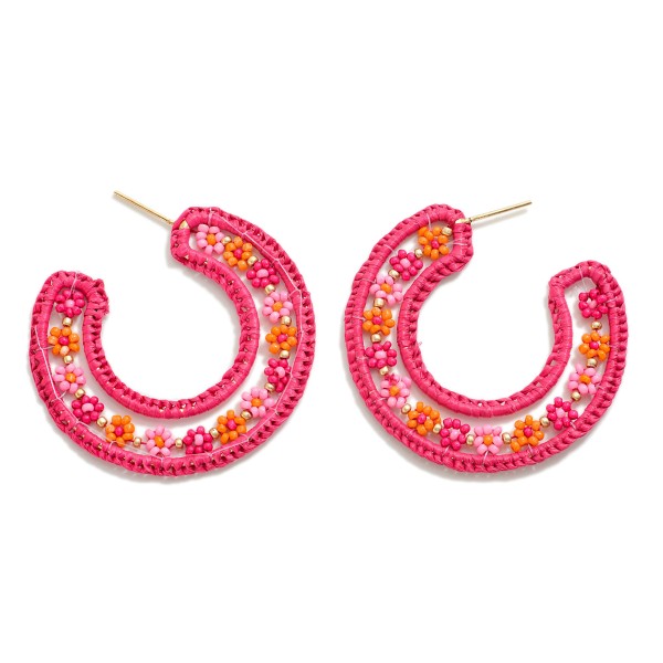 Seed Bead Flower Hoop Earrings With Woven Raffia Border

- Approximately 2" D