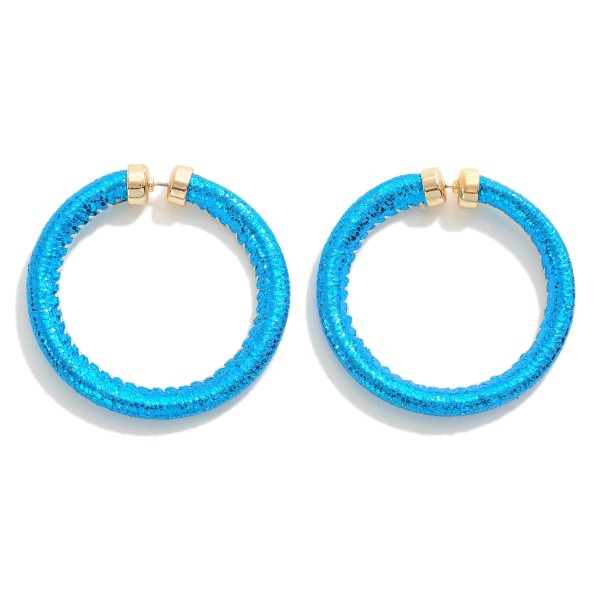 Metallic Faux Leather Drop Hoop Earrings 

- Approximately 2" L