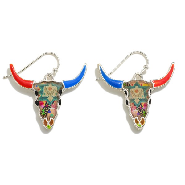 Multicolored Enamel & Resin Image Inlay Bull Skull Drop Earrings

- Approximately 1.25" L