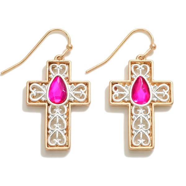 Rhinestone Accented Two Tone Filigree Cross Drop Earrings

- Approximately 1.25" L