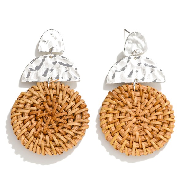 Raffia Circle Drop Earrings With Linked Hammered Metal Details

- Approximately 2.75" L