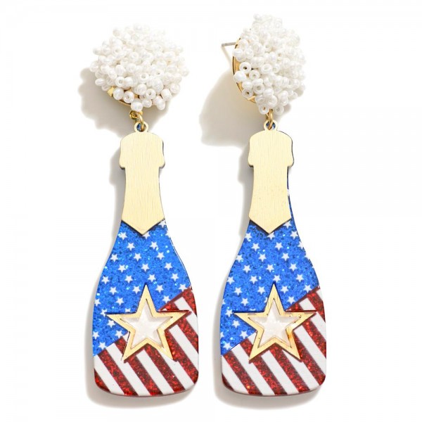 Americana Acetate Champagne Bottle Post Drop Earrings Featuring Seed Bead Post 

- Approximately 3" L 