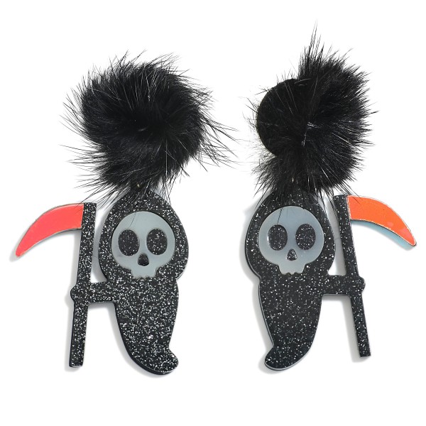 Wholesale glower Dark Glitter Acetate Grim Reaper Drop Earrings Faux Fur Pom Pos
