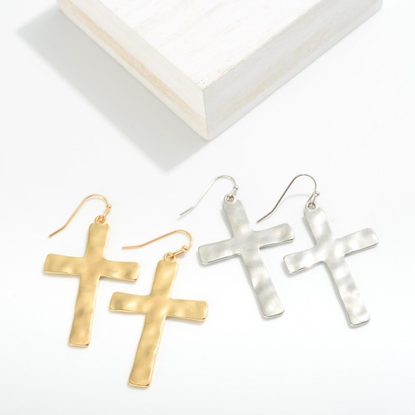 Hammered Metal Cross Drop Earrings
- Approximately 2" L