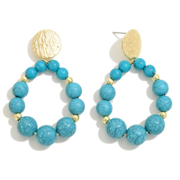 Natural Stone Beaded Drop Earrings Featuring Etched Gold Tone Disk Posts

- Approximately 2" L