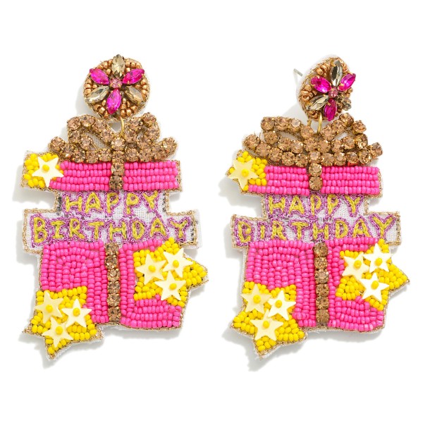 Seed Beaded 'Happy Birthday' Present Drop Earrings With Rhinestone Accents

- Approximately 2.5" L