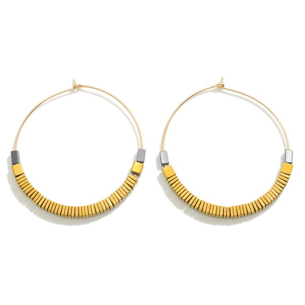 Metallic Square Beaded Drop Hoop Earrings

- Approximately 2" L