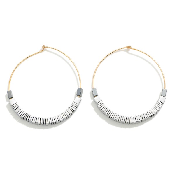 Metallic Square Beaded Drop Hoop Earrings

- Approximately 2" L