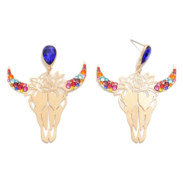 Western Gold Tone Laser Cut Bull Skull and Roses Drop Earrings With Rhinestone Accents

- Approximately 2.5" L