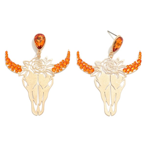 Wholesale western Gold Laser Cut Bull Skull Roses Drop Earrings Rhinestone Accen