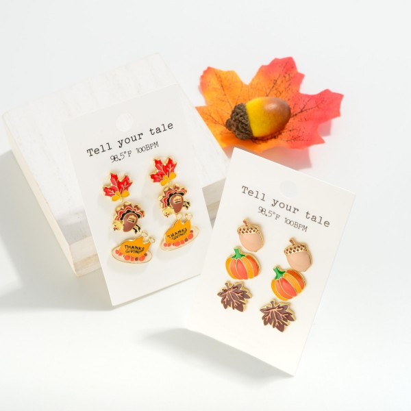 Set of Three Fall Enamel Coated Metal Thanksgiving Studs

- Approximately 0.5" L