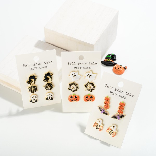 Set of Three Enamel Halloween Themed Stud Earrings

- Approximately .5" L