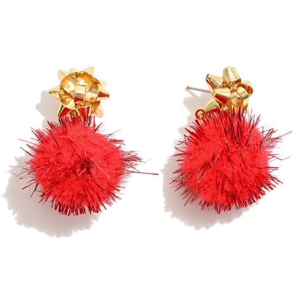 Christmas Tinsel Pom Drop Earrings With Gold Tone Bow Posts
