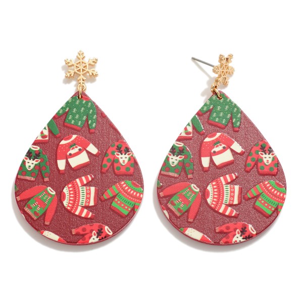 Wholesale christmas Printed Wood Teardrop Earring Snowflake Post L