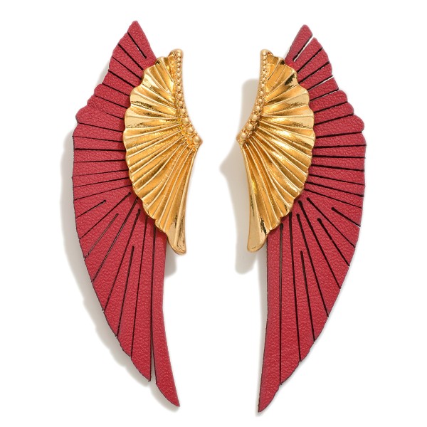 Wholesale gold Feathered Leather Fan Statement Earrings Hypoallergenic Titanium