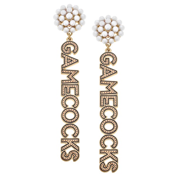 NCAA Officially Licensed Pearl Cluster Dotten Enamel Drop Earrings by Canvas Style

- NCAA Officially Licensed 
- Nickel Free Base Metal with Worn Gold Plating
- Approximately 3.5" L