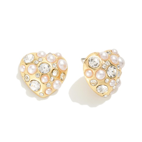 Rhinestone and Pearl Studded Heart Stud Earrings

- Approximately 0.75" L