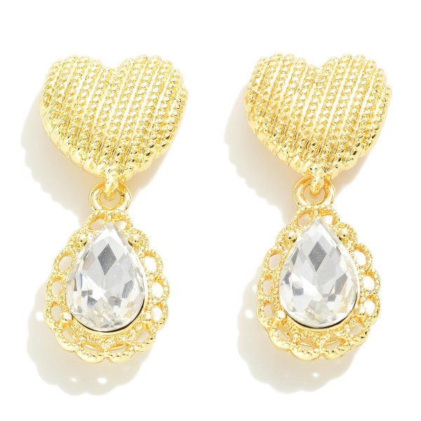 Heart Drop Earring With Rhinestone Dangle Detail 

- Approximately 1" L