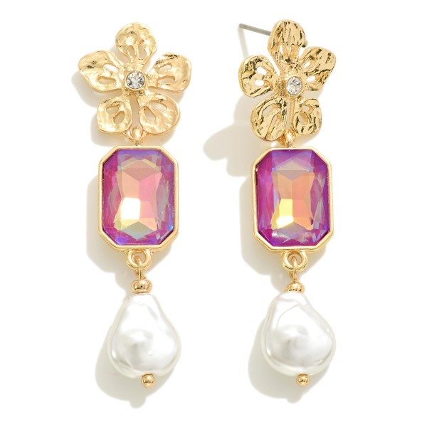 Wholesale metal Flower Drop Earring Glass Crystal Pearl Detail L
